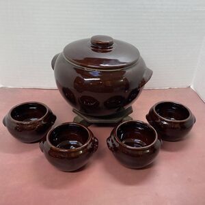 Vintage Dark Brown Stoneware Handled Lidded Bean Pot w/ 4 Mini Pot Bowls Rustic